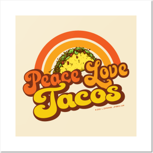 PEACE LOVE TACOS - Retro Rainbow Posters and Art